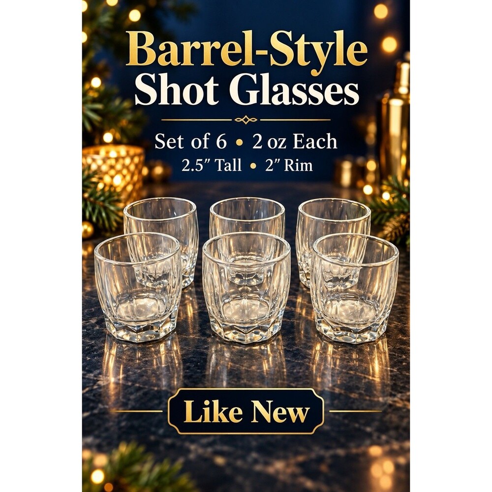 Barrel Shot Glasses Set of 6 Clear Ribbed Optic Glass 2 oz Faceted Base Barware